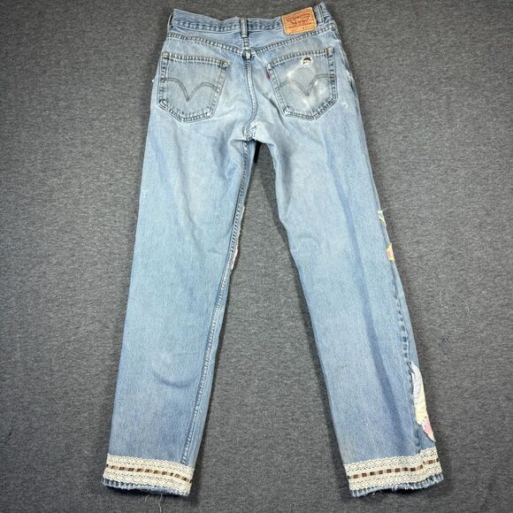 Upcycled OOAK Patchwork Jeans Fits 30X33 Quilt Feedstack Tattered Worn Farmhouse - Picture 10 of 15